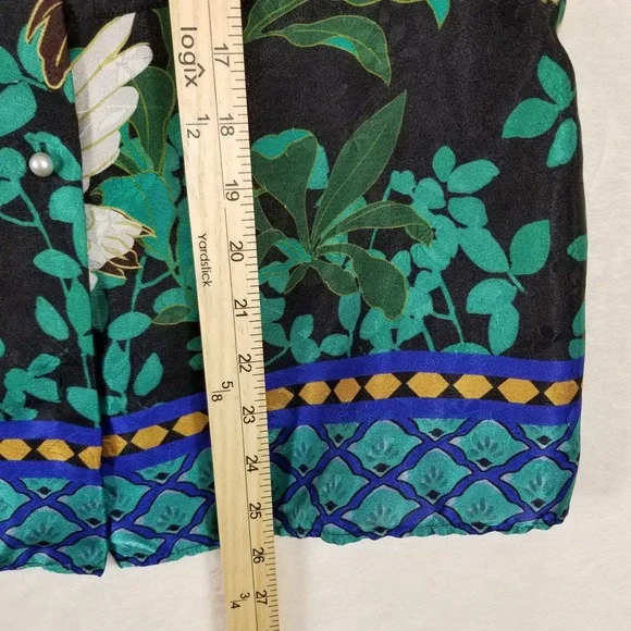 Zara XL Womens Crane Floral Print Satin Blouse Pearl Button Long Sleeve Shirt - Picture 6 of 7